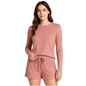NEW Capella Small Ribbed Pink Loungewear Set Long Sleeve Top & Drawstring Shorts